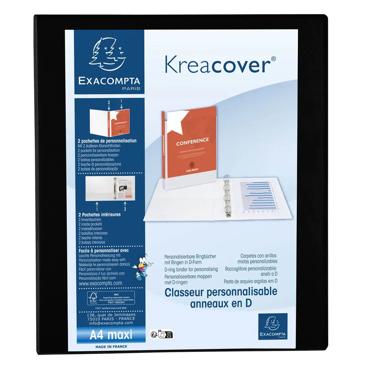 Classeur PP personnalisable Kreacover - 4 anneaux en D 30mm - A4 maxi - Noir - EXACOMPTA