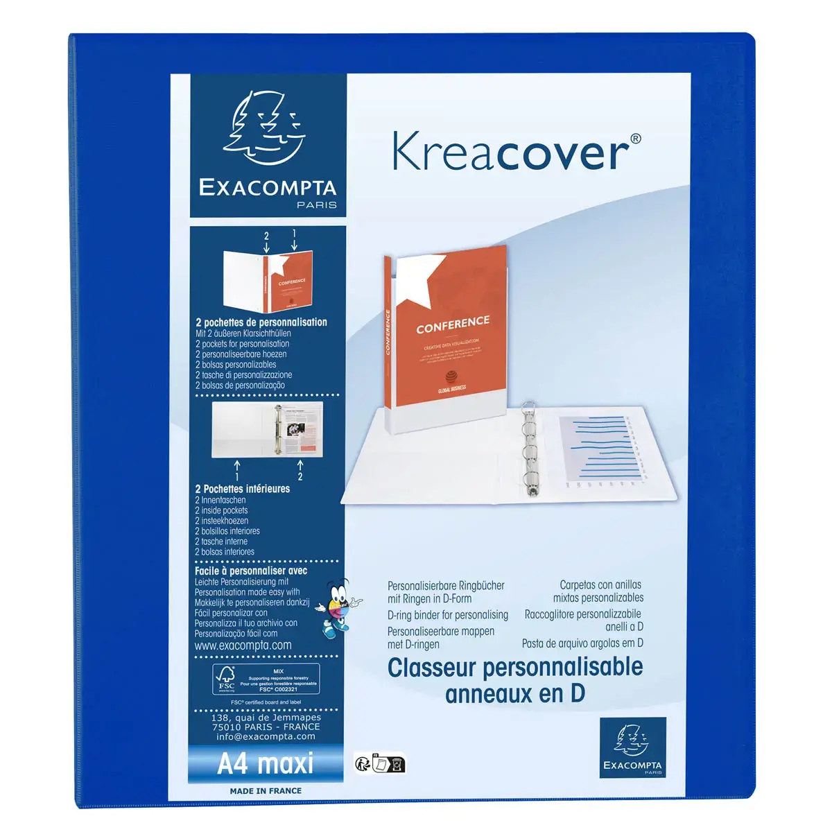 Classeur PP personnalisable Kreacover - 4 anneaux en D 40mm - A4 maxi - Bleu - EXACOMPTA