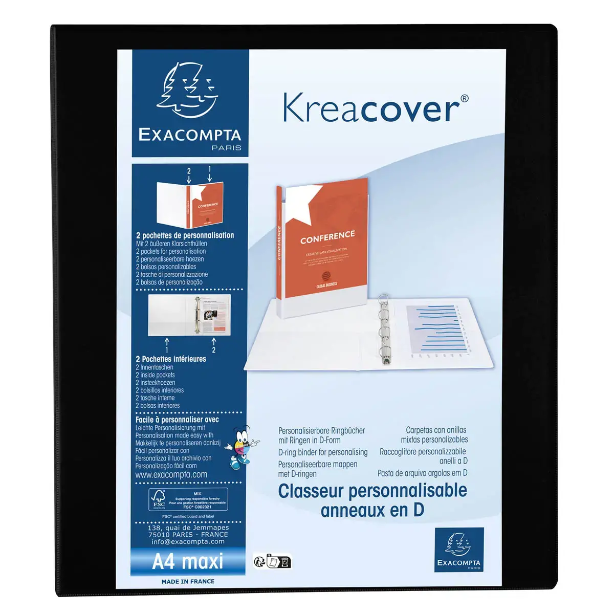 Classeur PP personnalisable Kreacover - 4 anneaux en D 40mm - A4 maxi - Noir - EXACOMPTA 