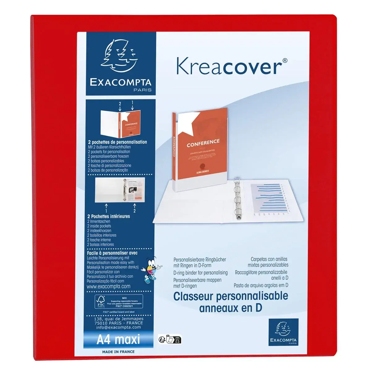 Classeur PP personnalisable Kreacover - 4 anneaux en D 40mm - A4 maxi - Rouge - EXACOMPTA 