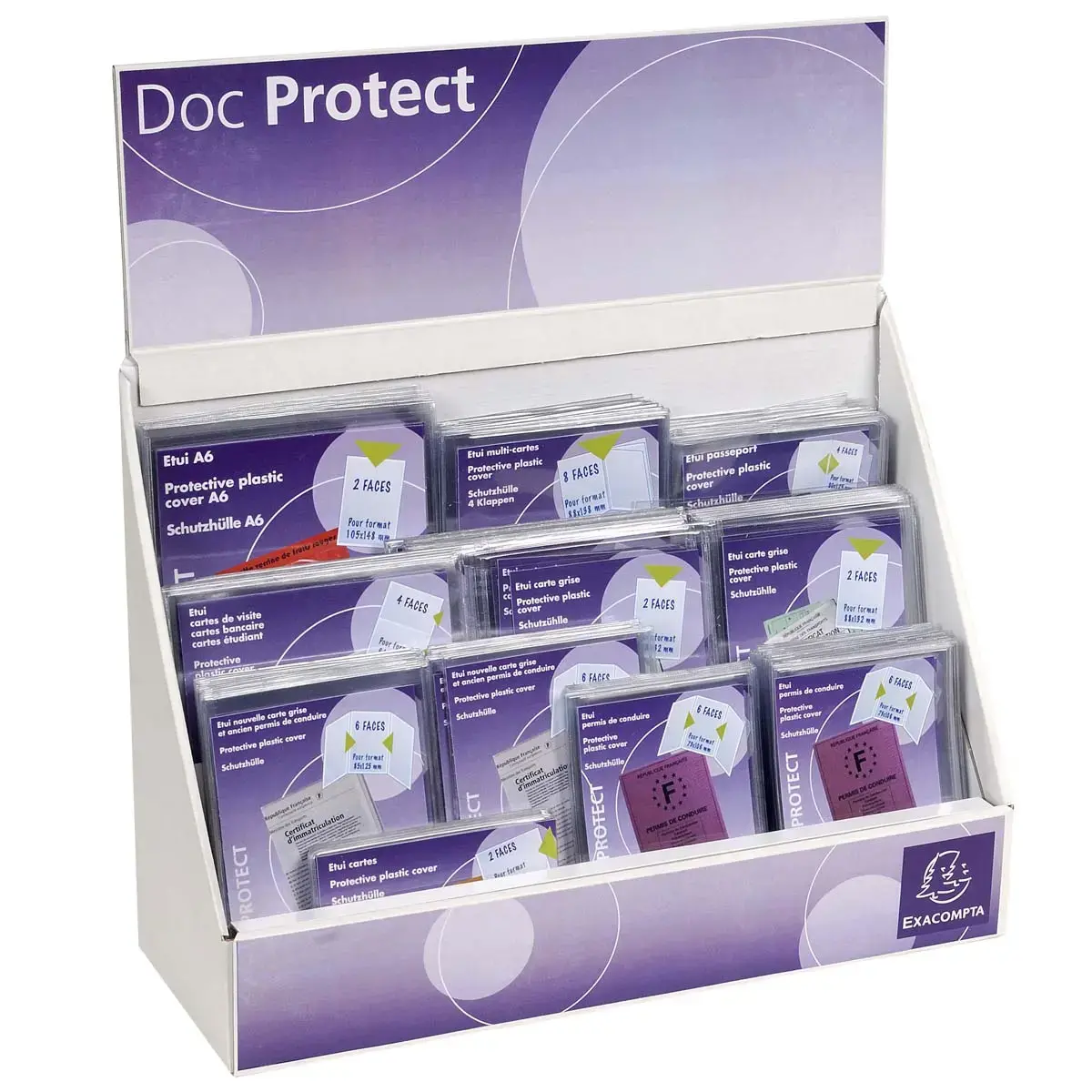 Présentoir complet avec différents formats d'étuis de protection - Cristal - EXACOMPTA