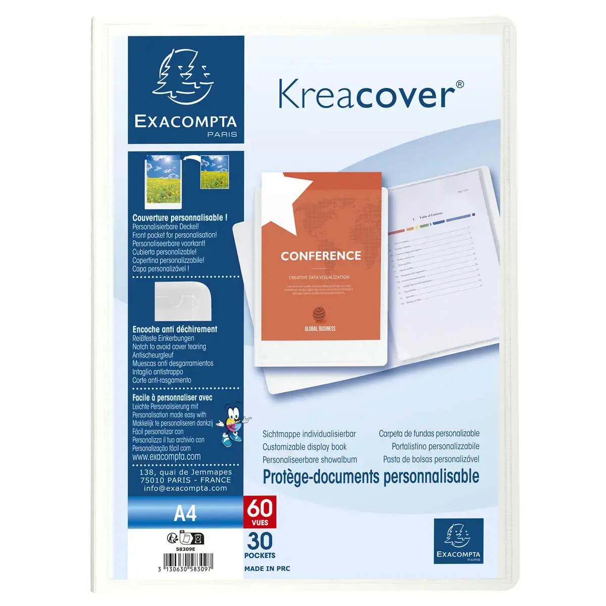 Prot&egrave;ge-documents en polypropyl&egrave;ne rigide Kreacover&reg; 60 vues - A4 - Blanc - EXACOMPTA 