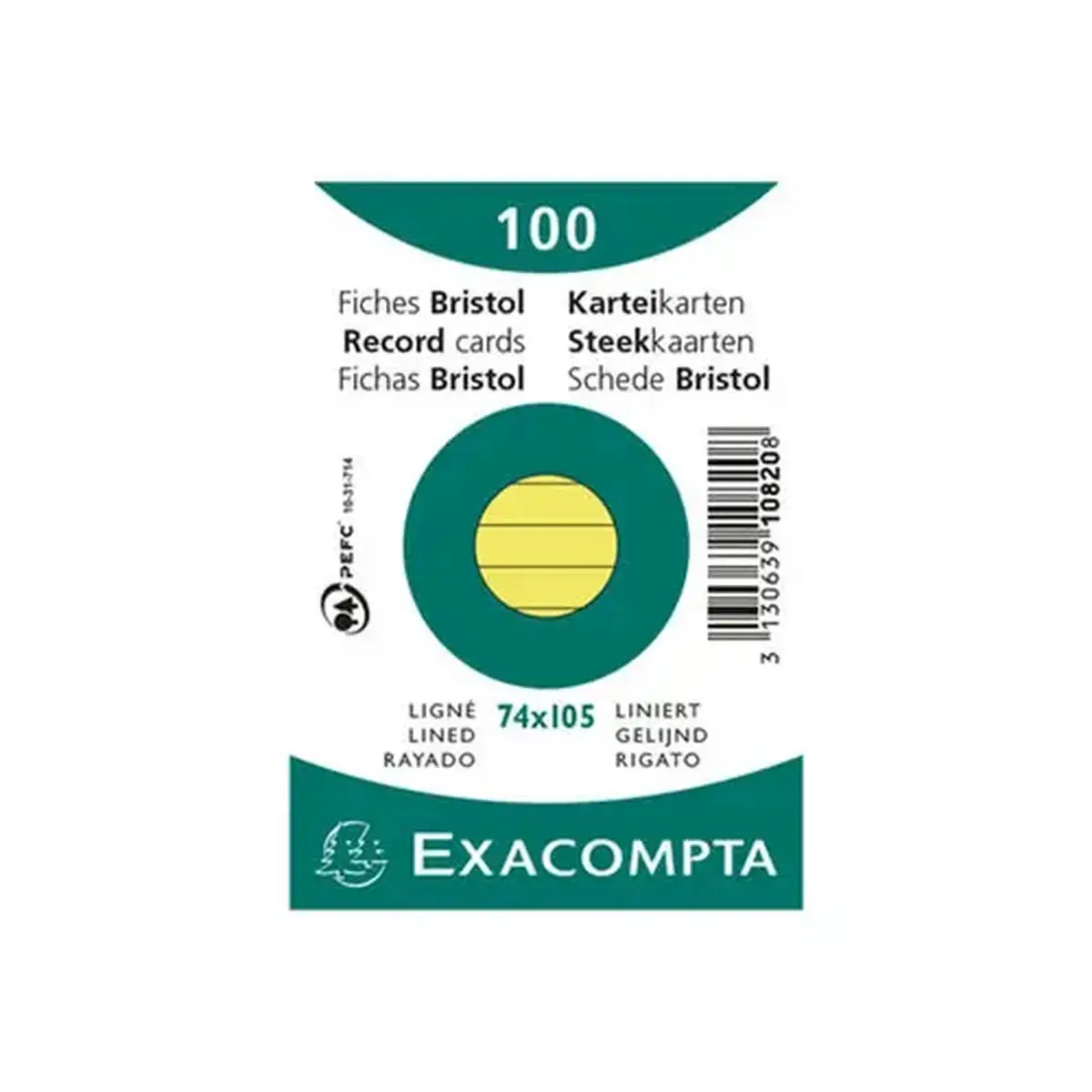 Paquet 100 fiches sous film - bristol lign&eacute; non perfor&eacute; 74 x 105 mm - Jaune - Exacompta 