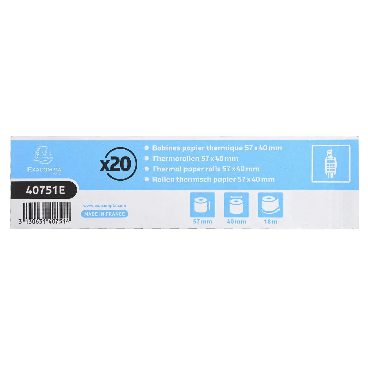 Bobine pour tickets de carte bancaire 57x40 mm - 1 pli thermique 55g/m2 sans BPA. - EXACOMPTA 