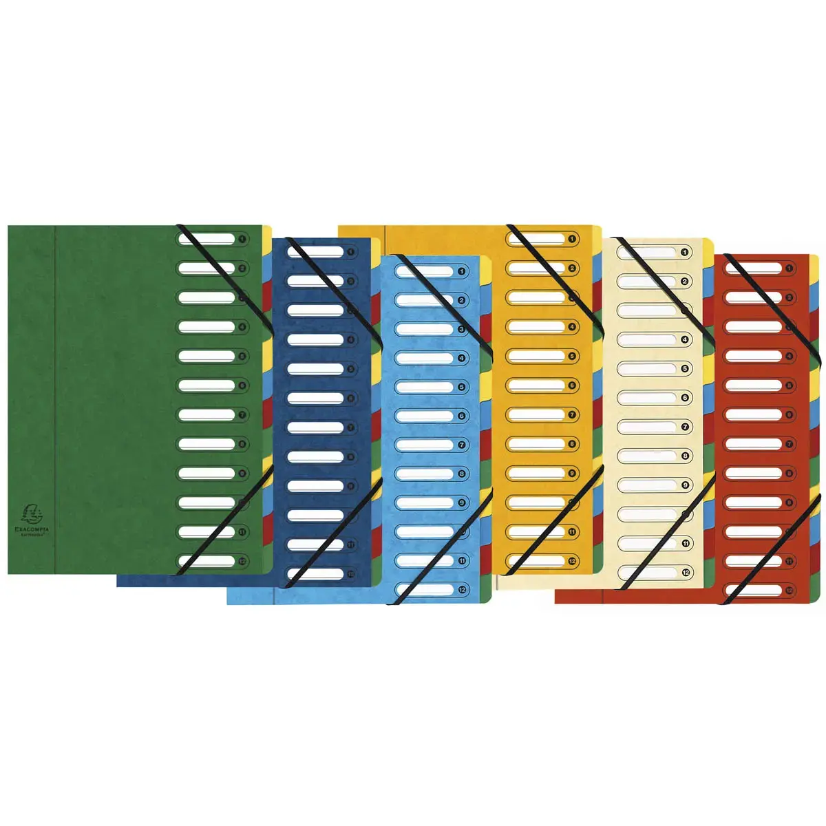 Trieur HARMONIKA® à fenêtres avec élastiques véritable carte lustrée 12 compartiments - Couleurs assorties - EXACOMPTA