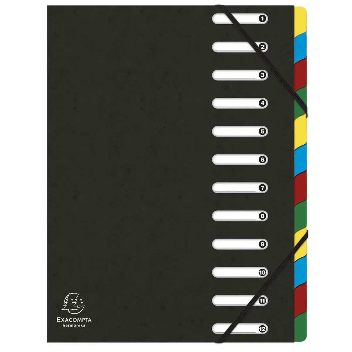 Trieur HARMONIKA&reg; &agrave; fen&ecirc;tres avec &eacute;lastiques v&eacute;ritable carte lustr&eacute;e 12 compartiments - Noir - EXACOMPTA 