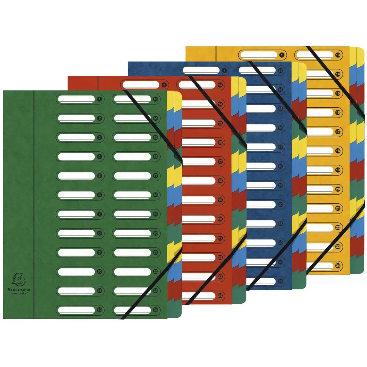 Trieur HARMONIKA&reg; &agrave; fen&ecirc;tres avec &eacute;lastiques v&eacute;ritable carte lustr&eacute;e 24 compartiments - Couleurs assorties - EXACOMPTA 
