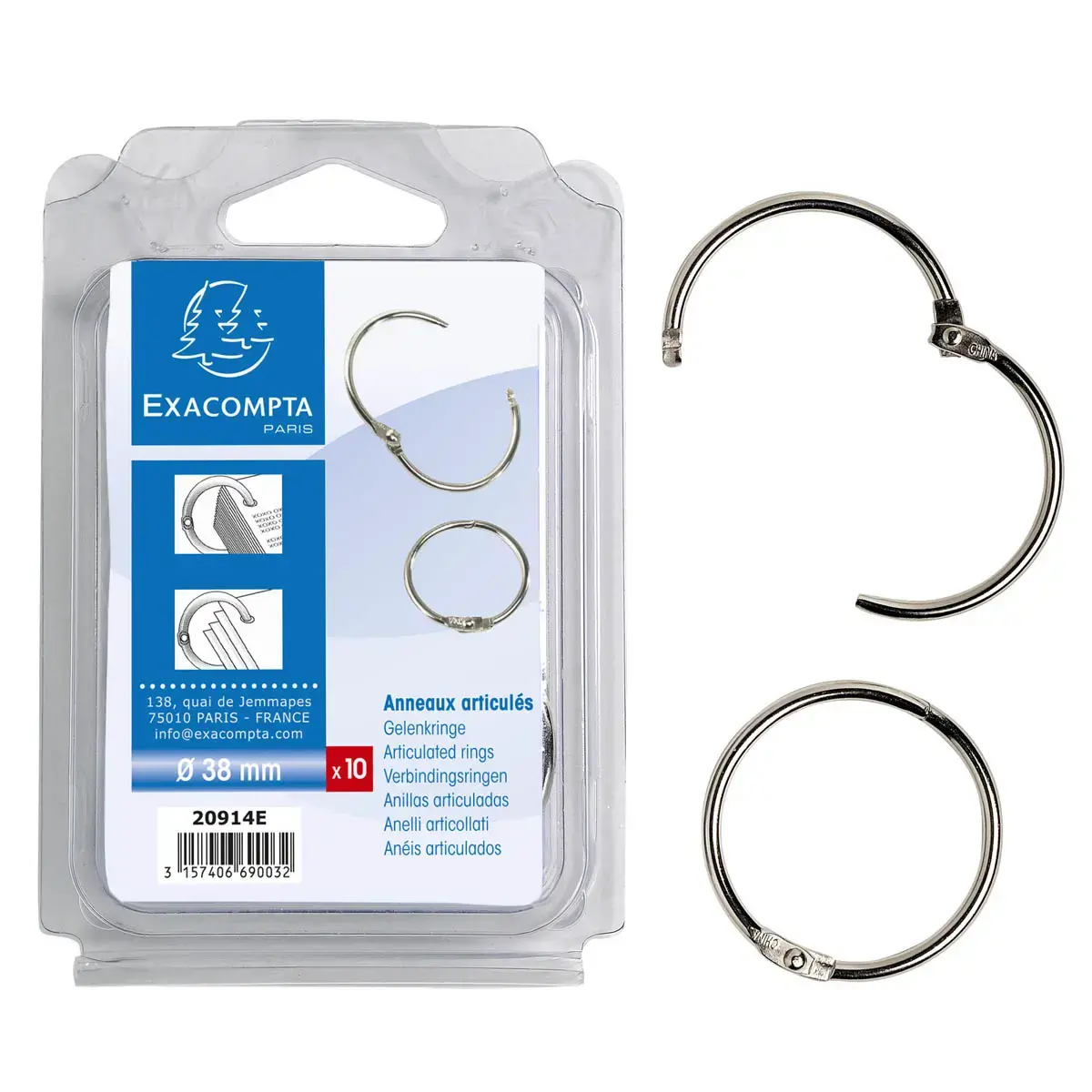 Blister de 10 anneaux articulés - Diamètre 38mm - EXACOMPTA