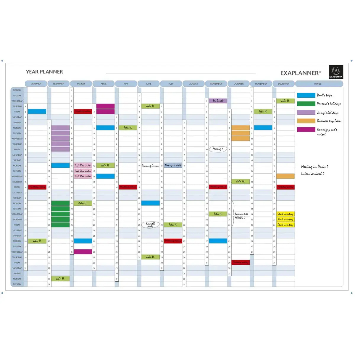 Planning magnétique annuel - textes en anglais - Blanc - EXACOMPTA