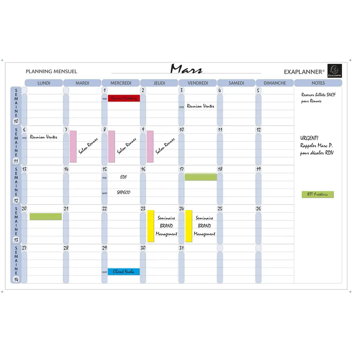Planning magnétique mensuel - textes en français - Blanc - EXACOMPTA