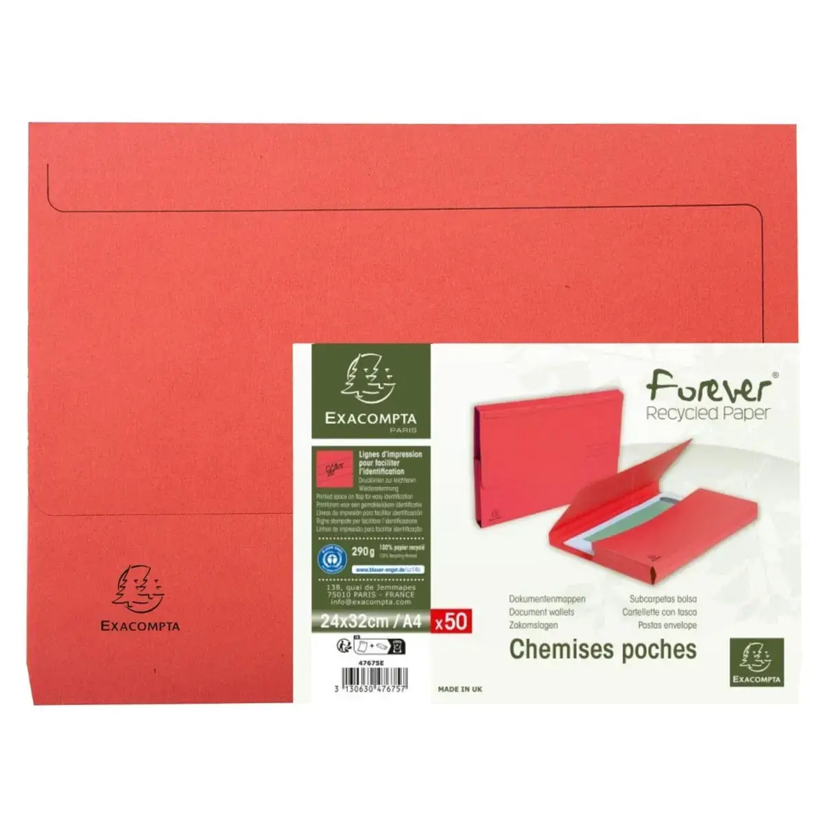 Pt 50 chemises poche FOREVER A4 rouge 