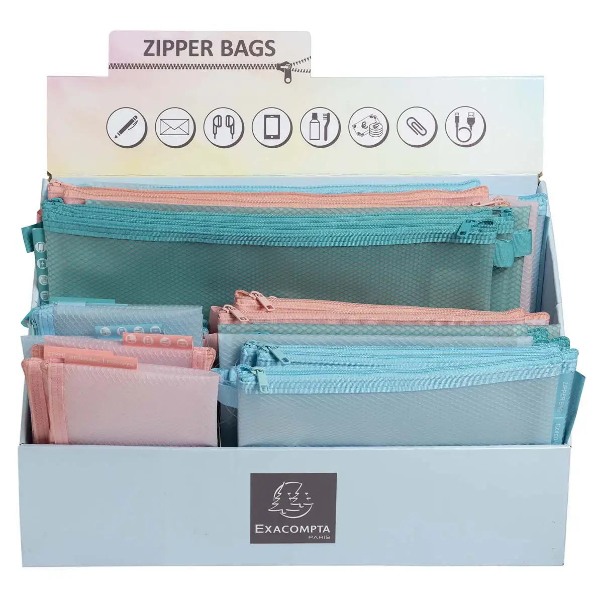 Presentoir 36 Pochettes Zip Chrom Pastel - Exacompta 