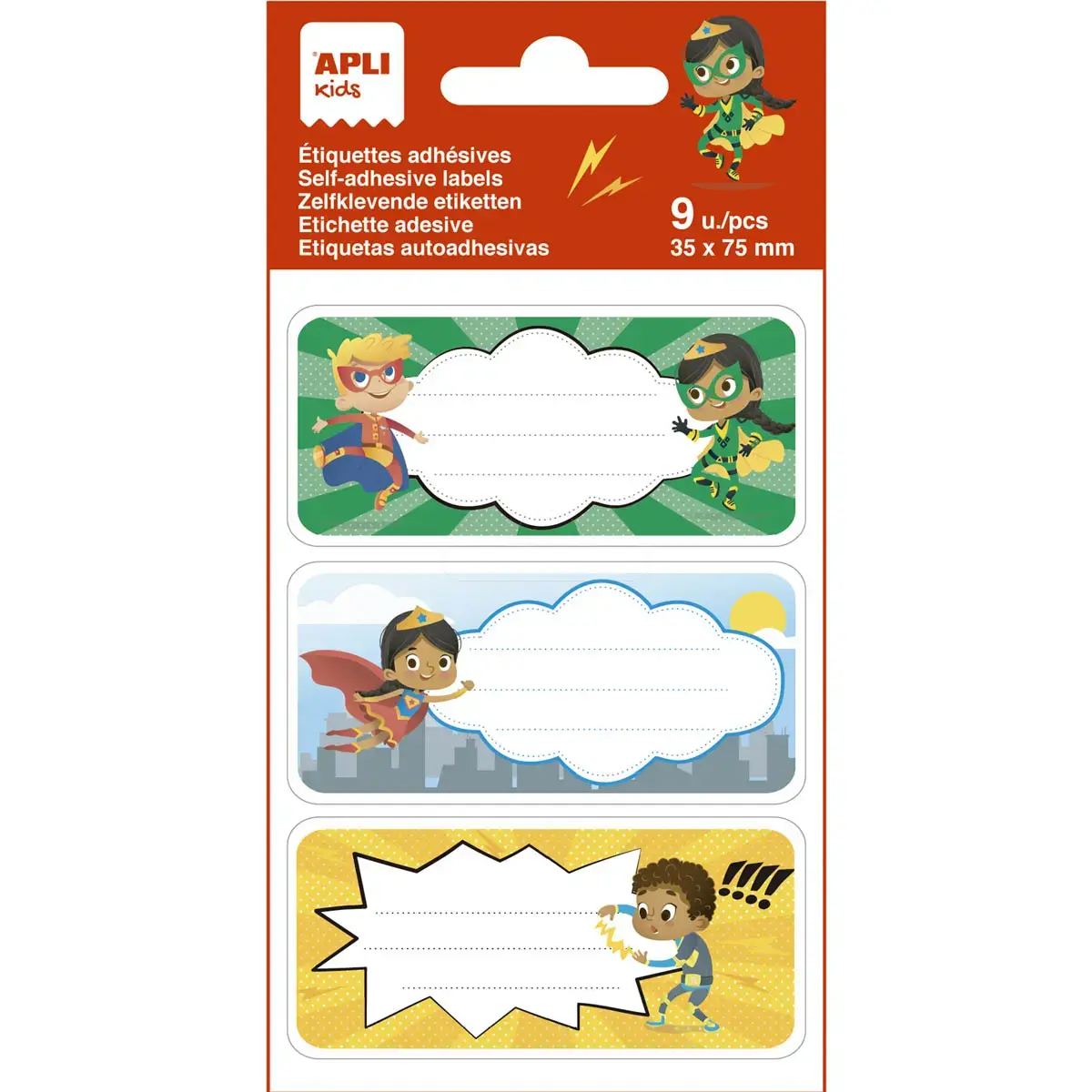 &Eacute;tiquettes scolaires super h&eacute;ros - 3 motifs - 9 unit&eacute;s - Apli 