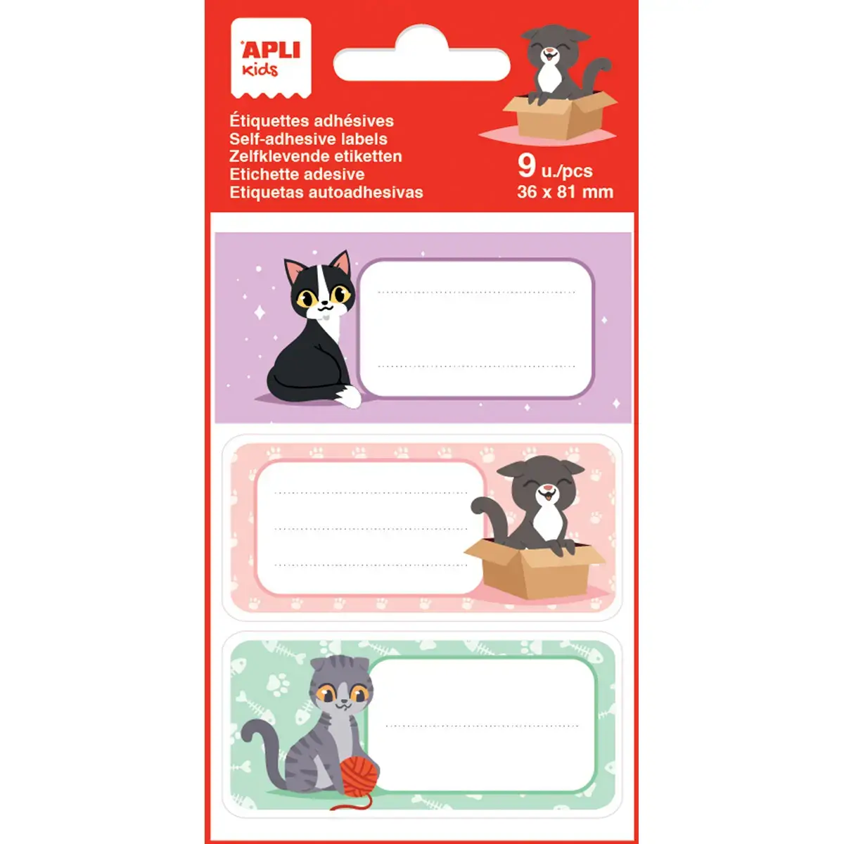 Étiquettes scolaires chats mignons - 3 motifs - 9 unités - Apli