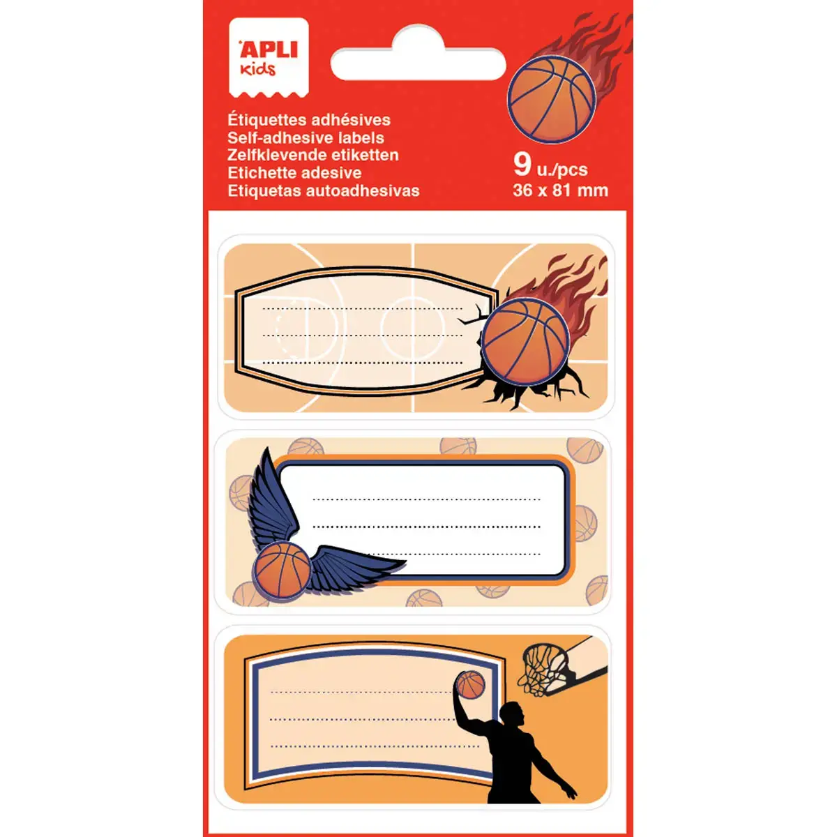 &Eacute;tiquettes scolaires basketball - 3 motifs - 9 unit&eacute;s - Apli 