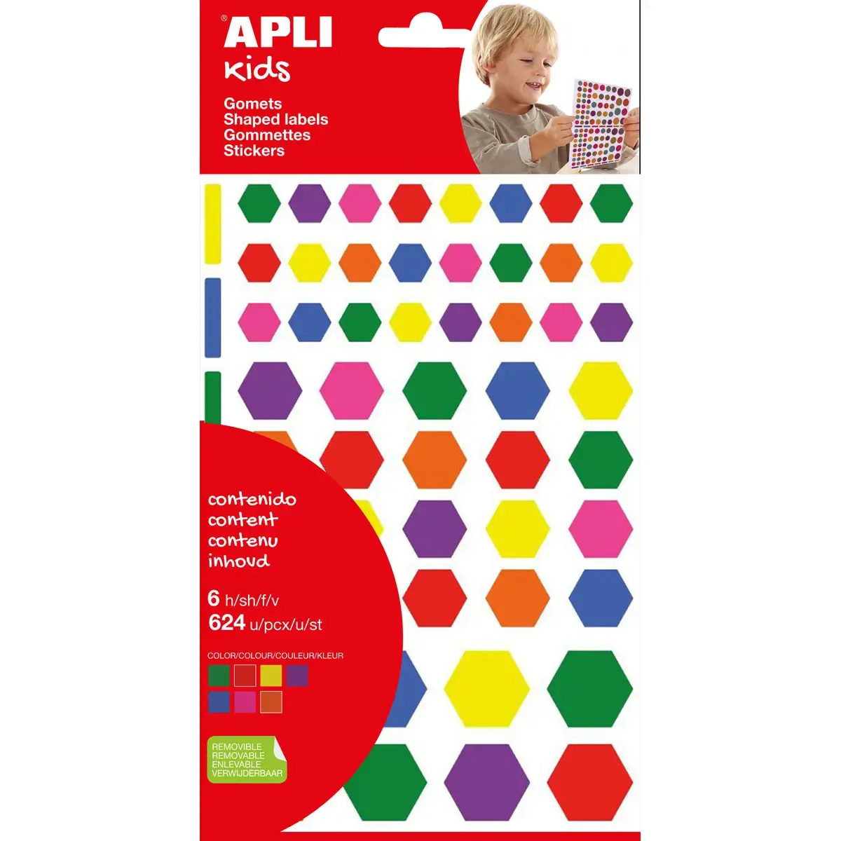 Gommettes hexagonales enlevables couleurs assorties 6 feuilles - Apli