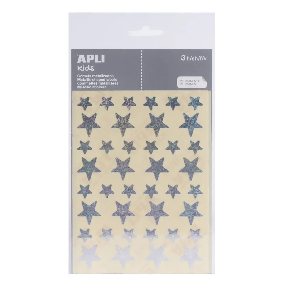 Gommettes &eacute;toiles 12,5 et 19,5 mm argent holographique 3 feuilles - Apli 
